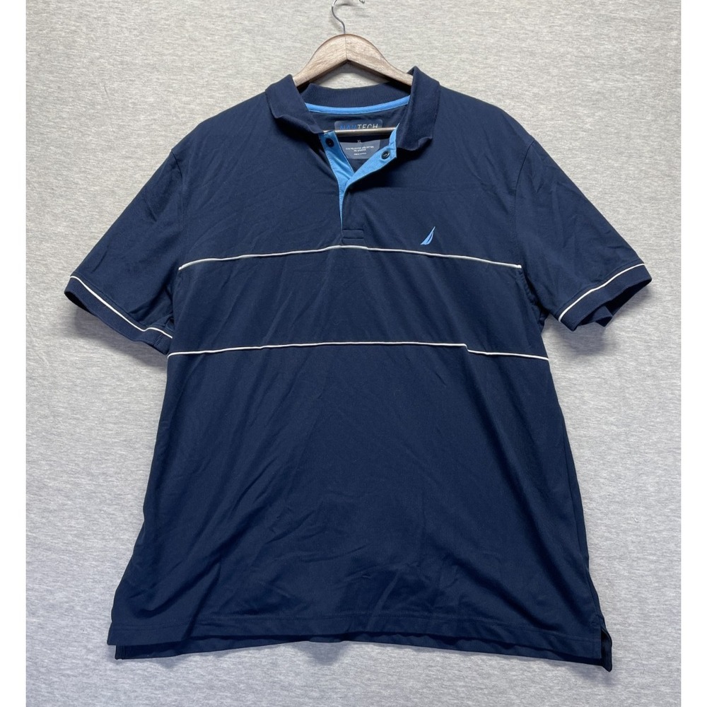 Nautica By NavTech Polo Shirt Men XL Blue Logo Side Slit Performance Golf Tennis